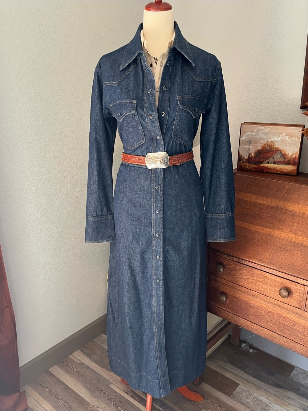 Vtg Banana Republic western indigo snap dress duster coat